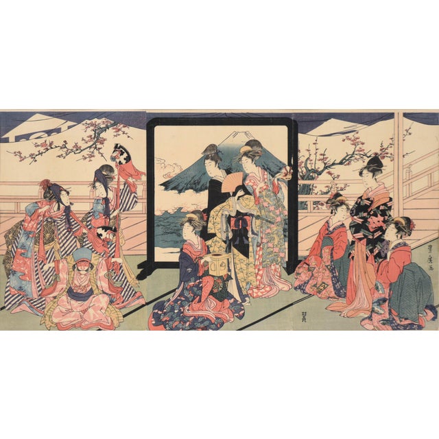 Japanese "Toy Horse Dance" Japanese Woodblock Triptych With Beauties and Mt Fuji by Utagawa Toyohiro For Sale - Image 3 of 10