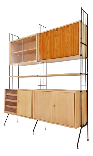 Freestanding String Shelf-System Unit Bookcase in Ash, Walnut & Metal from Koch Möbel, Germany, 1950s