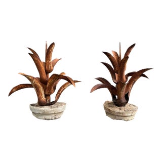 Pair Imported Vintage Tole Potted Plants With Base For Sale