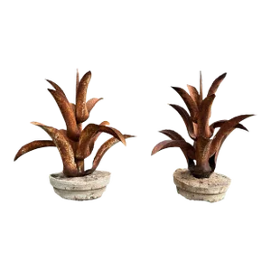 Pair Imported Vintage Tole Potted Plants With Base