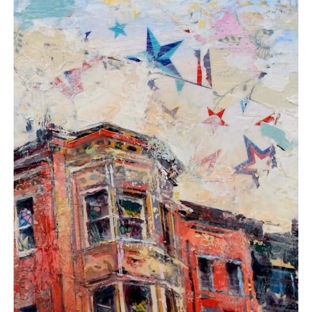 The Queen's Formal Entrance by Josh George | Mixed media on wood panel Cityscape with colorful buildings. For Sale - Image 4 of 5