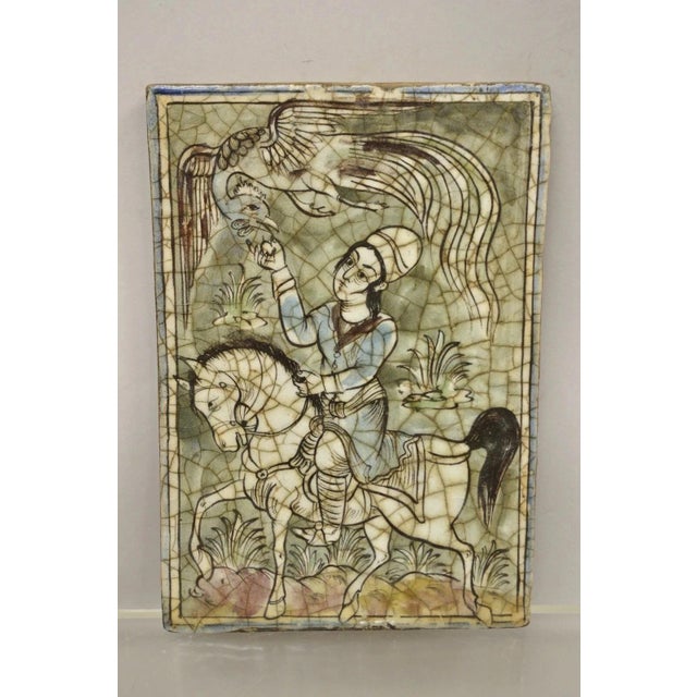 Antique Persian Iznik Qajar Style Ceramic Pottery Tile Light Blue Bird Rider C1 For Sale - Image 9 of 10