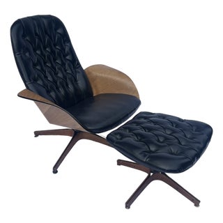 Mid 20th Century George Mulhauser for Plycraft Chair Ottoman Black Leather Mr Chair Mid Century Modern For Sale