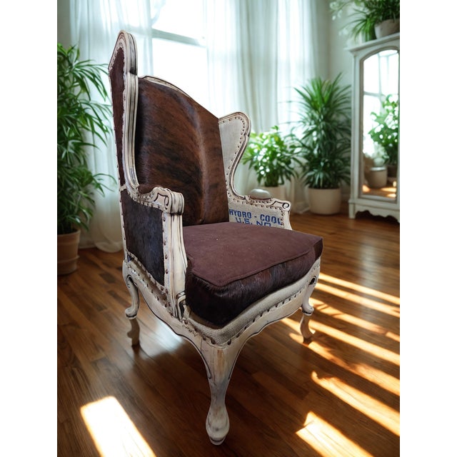 Farmhouse One-of-a-Kind Cowhide & Vintage Feed Sack Wingback Chair For Sale - Image 3 of 7
