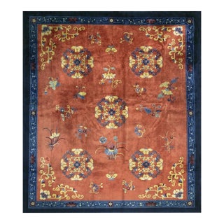 1920s Burnt Orange Field Floral Deco Oriental Antique Chinese Peking Knotted Rug For Sale