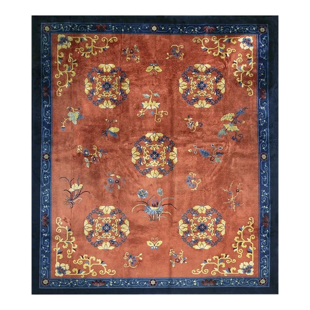 1920s Burnt Orange Field Floral Deco Oriental Antique Chinese Peking Knotted Rug For Sale