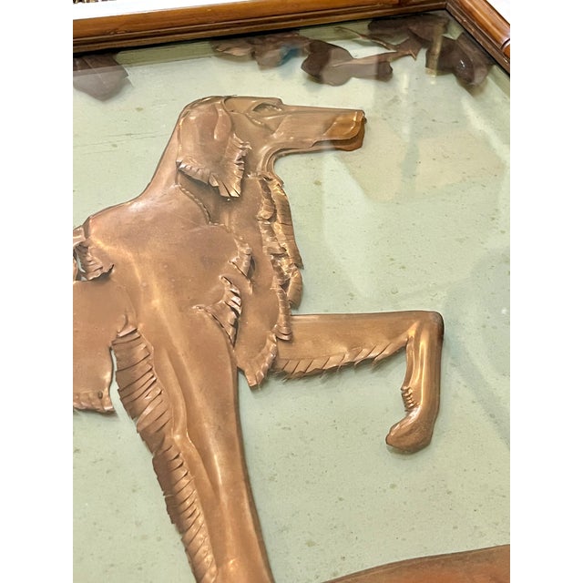 Copper Vintage Two Handle Tray Folk Art Hammered Copper Hunting Dog in Bamboo and Glass Frame For Sale - Image 8 of 14