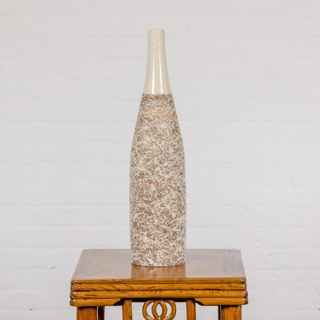 Earthy Brown and Cream Ceramic Vase with Energetic Dripping Décor For Sale - Image 12 of 12