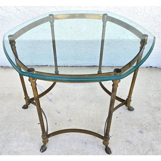 1970s Vintage La Barge Side Table Brass Glass Hoof Footed Octagonal Labarge For Sale - Image 5 of 12