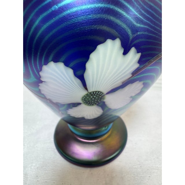 Orient & Flume Floral Blue Art Glass Vase, Signed For Sale - Image 12 of 12