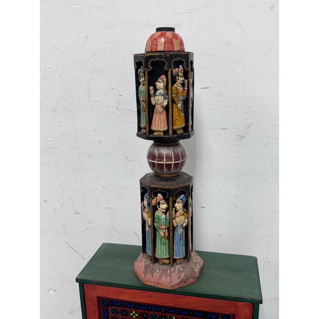 Antique Rajasthani Wood Carved + Hand Painted Charpai/Bed Post For Sale - Image 4 of 12