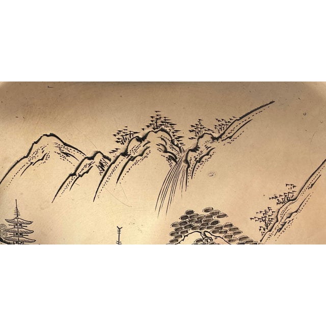 Vintage Asian Bronze Hand Etched Large 18" Tray, Pagoda Landscape, Signed For Sale - Image 10 of 12