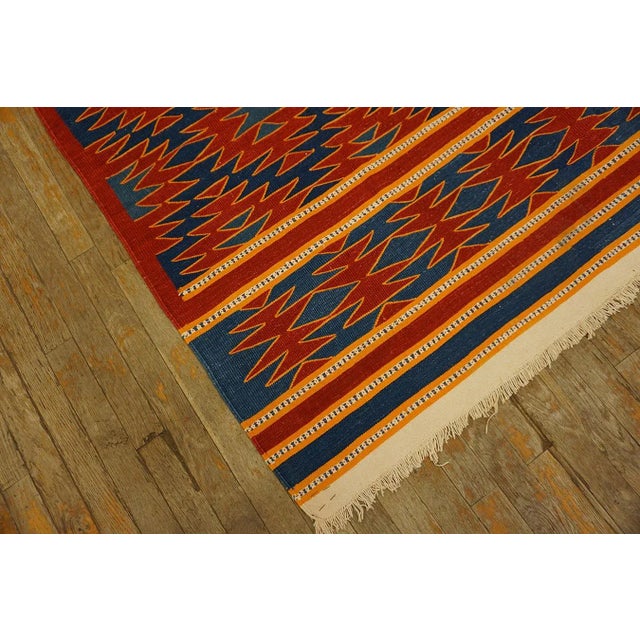 1930s Red Blue Diamond Tribal Antique Indian Cotton Dhurrie Carpet 6' X 9'7" Flatweave Cotton Rug For Sale - Image 9 of 13