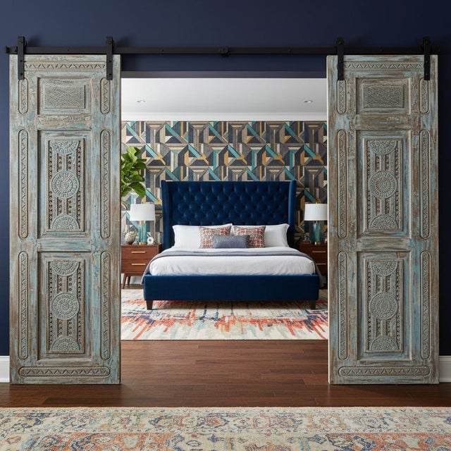 Antique Carved Wooden Door in Distressed Blue | Floral Indian Bedroom Entry Doors 96x31.5 For Sale - Image 10 of 10