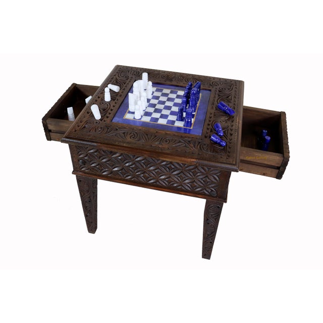 Chess Table with Chess Pieces in Handcarved Cedar, 1990s, Set of 17 For Sale - Image 6 of 18