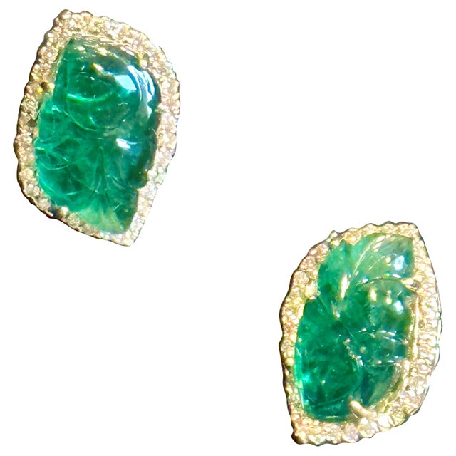 22 Ct Carved Emerald & 2 Ct Diamond Earrings 14 Karat Yellow Gold Post Earrings For Sale - Image 15 of 18