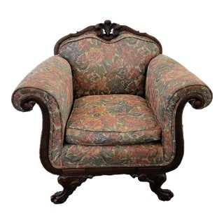 1920s American Empire Carved Walnut Club Chair For Sale