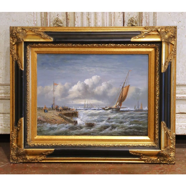 Vintage Signed Italian Marine Harbor Scene Painting With Sailboats and Figures For Sale In Dallas - Image 6 of 13