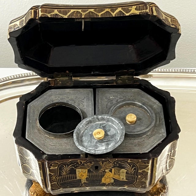 Wood Antique chinoiserie-painted wood tea caddy with tins inside // chippy finish // lacquer // gold and black // scenic box with paw feet For Sale - Image 7 of 18