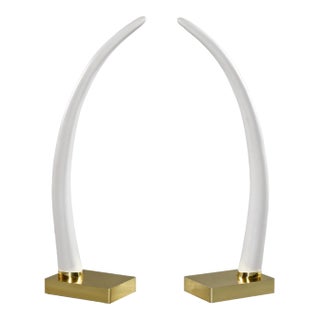 1970's Life Size Faux Ivory Elephant Tusks Mounted on Gold Colored Metal Bases For Sale