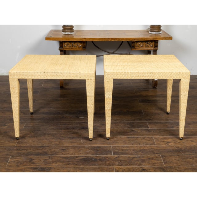Wood Pair of Baker Furniture Midcentury Wicker Side Tables with Tapered Legs For Sale - Image 7 of 10