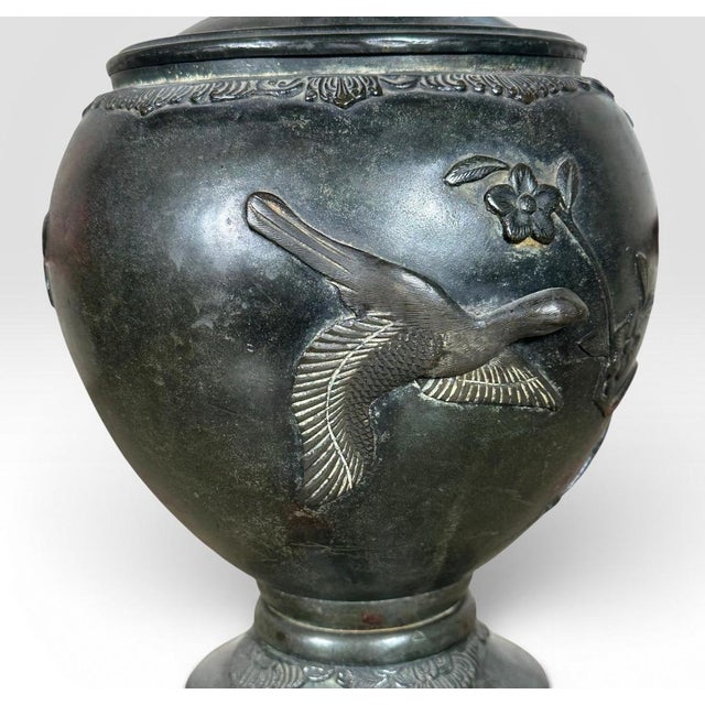 Antique Japanese Meiji Period Patinated Bronze Vase Table Lamp With High Relief Bird and Flower Silk Pagoda Shade For Sale In Portland, ME - Image 6 of 13