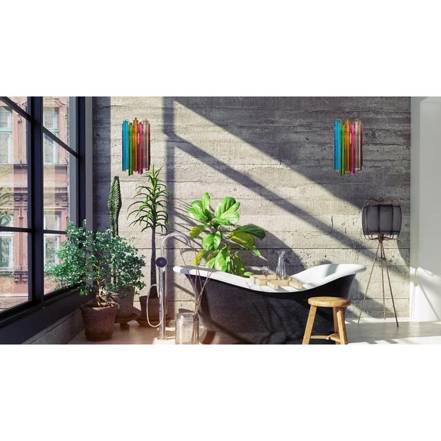 Fantastic set six vintage Murano wall sconces, multi-color triedri made by 9 Murano multicolored crystal prism (triedri)...