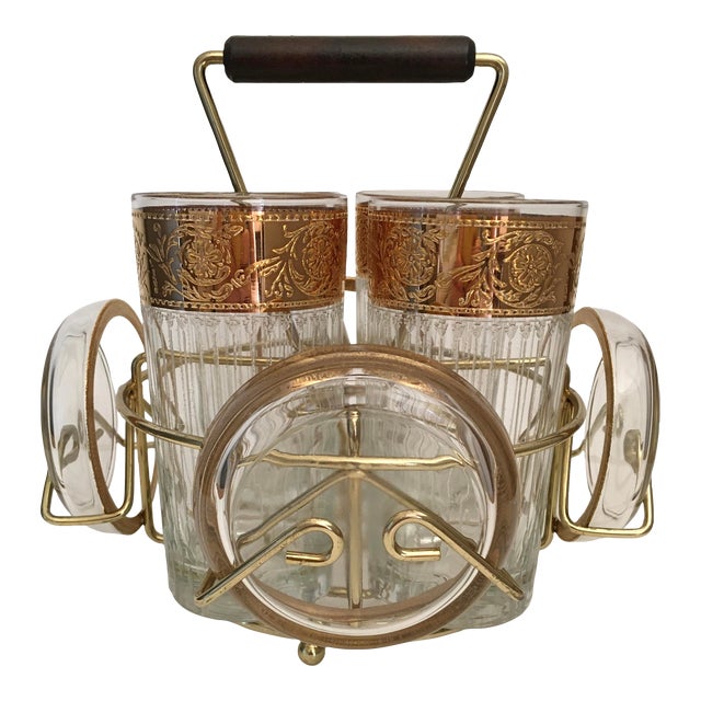 Mid-Century Modern Culver Tyrol Caddy Set With Four Highballs and Coasters- 9 Piece For Sale