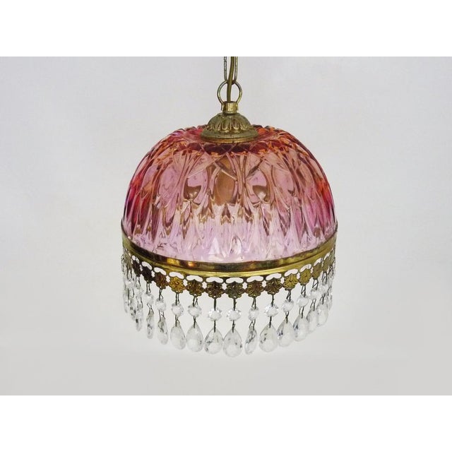 Vintage Pink Pendant Light with Tassels and Patterned Glass Globe, 1970s For Sale - Image 4 of 9