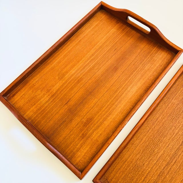 Wood Large Rectangular Teak Nesting Trays - Set of 2 For Sale - Image 7 of 11