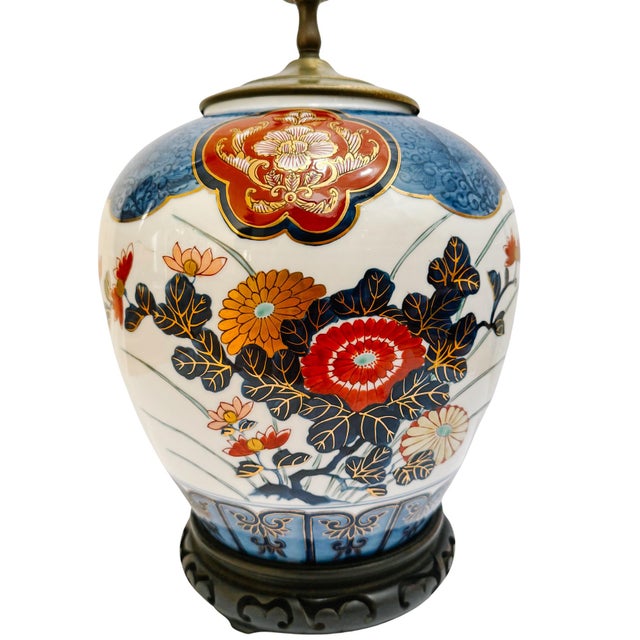 Japanese Vintage Japanese Imari Style Hand-Painted Porcelain Ginger Jar Lamp With Longevity Finial For Sale - Image 3 of 8