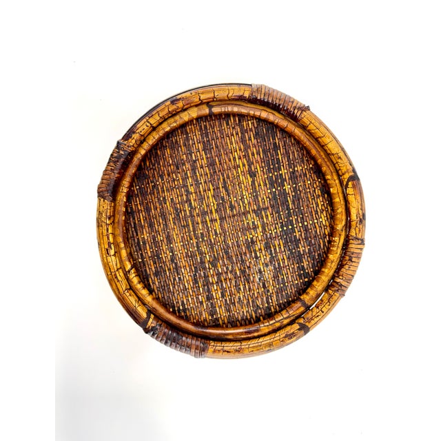 1970s Vintage Tortoiseshell Rattan & Wrought Iron Round Tray Stand For Sale - Image 5 of 12