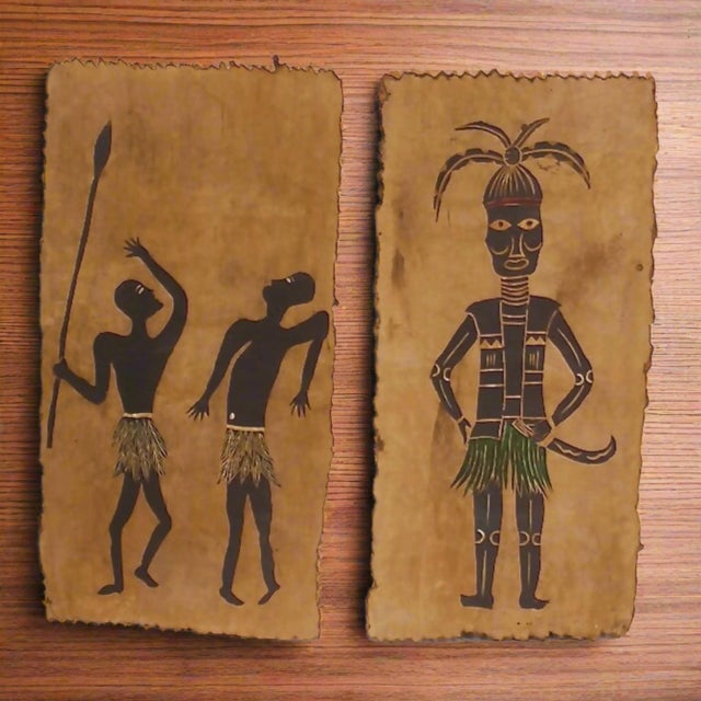 Mid-Century Modern Vintage Paintings on Bark Paper | Taiwanese Aborigine Art For Sale - Image 3 of 5