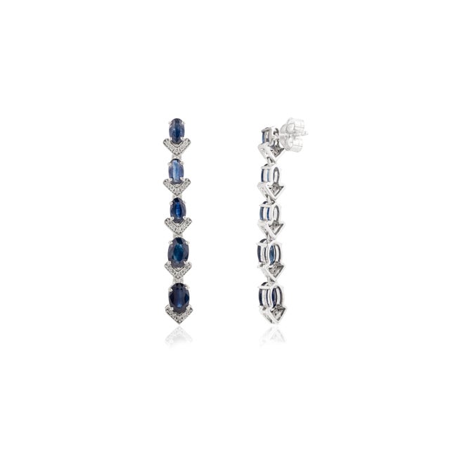 Metal 3.47 Carat Blue Sapphire Chandelier Line Earrings With Diamonds in 14k Gold- 2 Pieces For Sale - Image 7 of 13