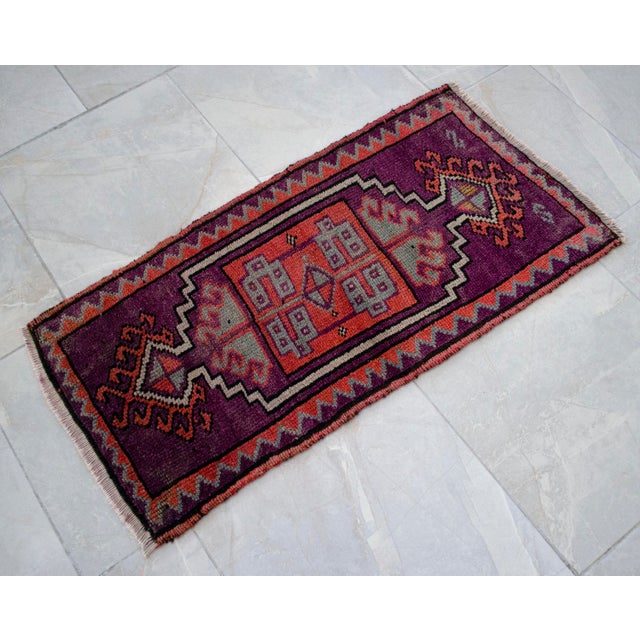 Distressed Small Low Pile Hand Knotted Yastik Rug Faded Mat - 18'' X 36'' For Sale - Image 14 of 15