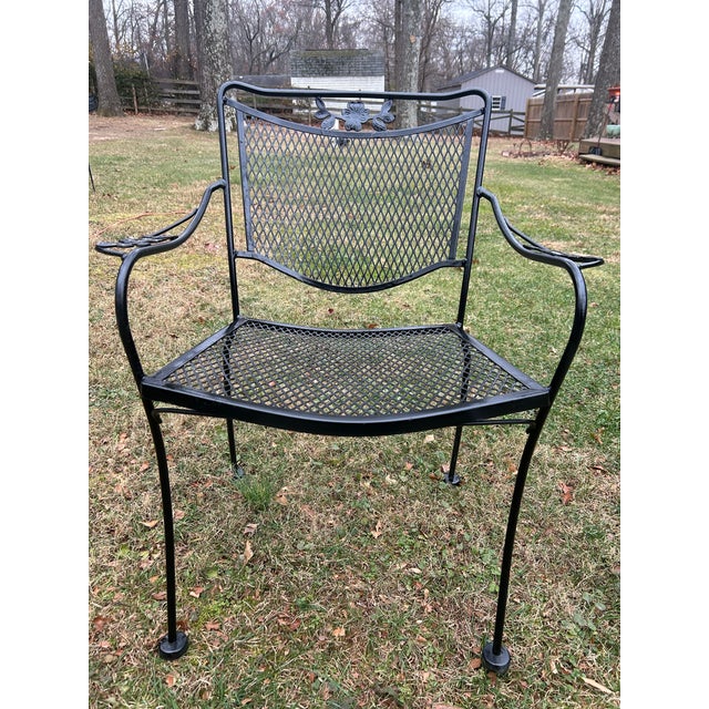 Black Vintage Wrought Iron Woodard Patio Set Large Table, 6 Chairs & Stand, Attributed For Sale - Image 8 of 11