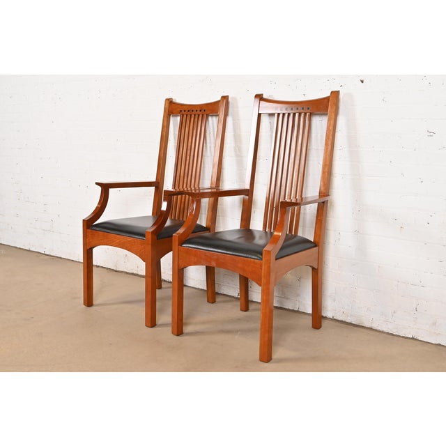Mission Stickley Mission Arts & Crafts Cherry Wood High Back Spindle Armchairs, Pair For Sale - Image 3 of 12