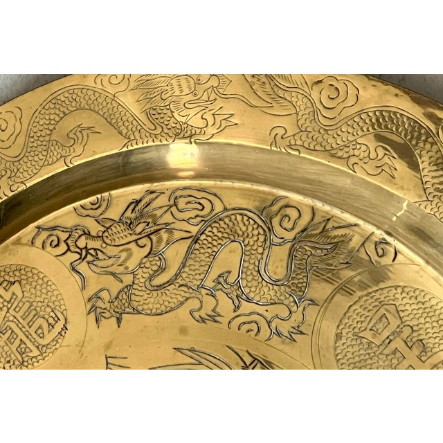 Chinoiserie Vintage Guanyin Goddess of Mercy Solid Brass Round Tray With Engravings, Wall Hanging or Table Top For Sale - Image 3 of 7
