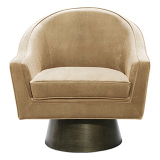 Matthew Izzo Home Dominic Camel Velvet Barrel Back Swivel Chair on Handpainted Brushed Bronze Base For Sale