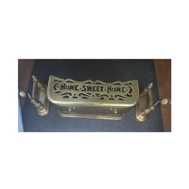 1920s "Home Sweet Home" Solid Brass Fireplace Fender and Fireplace Dogs Set- 3 Pieces For Sale - Image 10 of 11