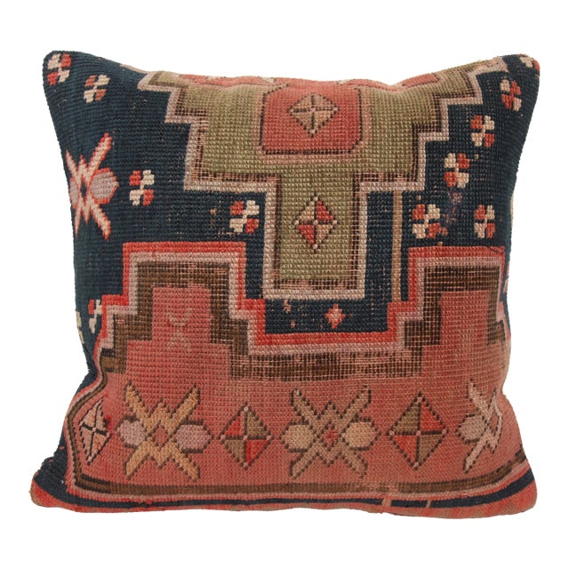 Handmade Antique Caucasian Kazak Rug Pillow Cushion -20'' X 20'' For Sale