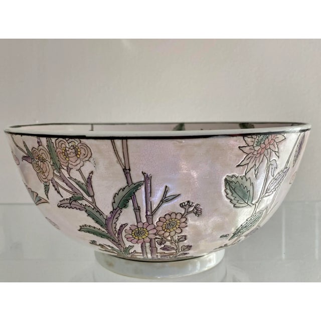 Ceramic Large Chinoiserie Pale Pink Bowl With Crane For Sale - Image 7 of 10