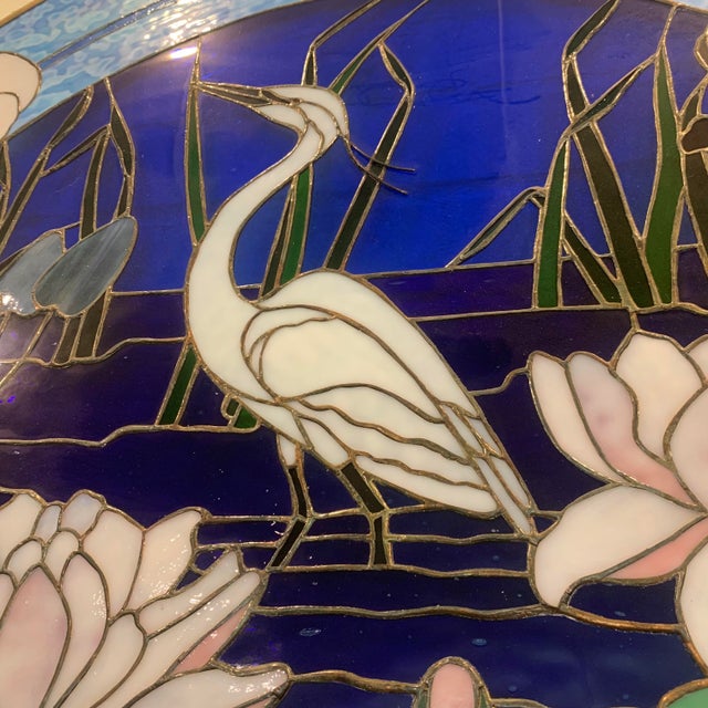 Large Vintage Stained Glass Art, Crane and Lotus For Sale - Image 11 of 12