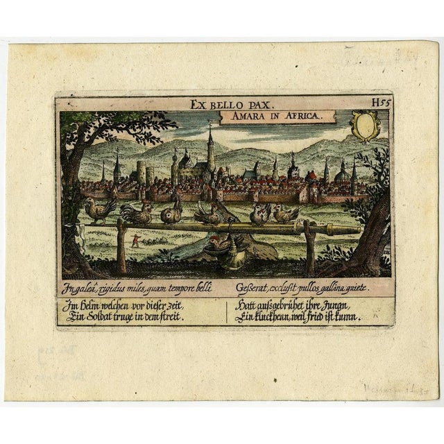 Antique print, titled: 'Amara in Africa.' Caption above the image reads: 'Ex bello Pax' (from War comes Peace). A lance is...