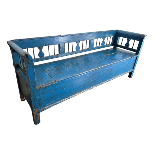 Antique 18c Painted American Primitive Blue Painted Blanket Chest Bench For Sale
