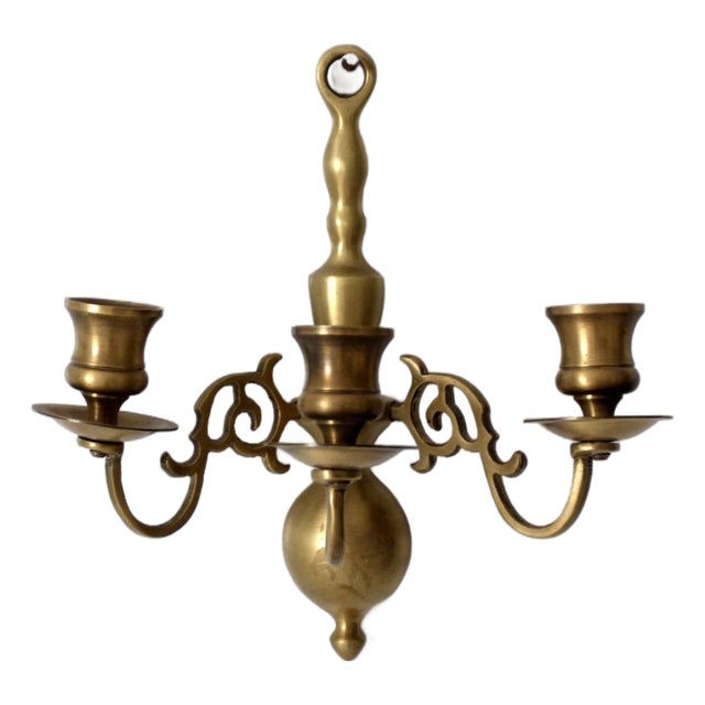 Vintage Brass Three Arm Wall Candle Sconce For Sale