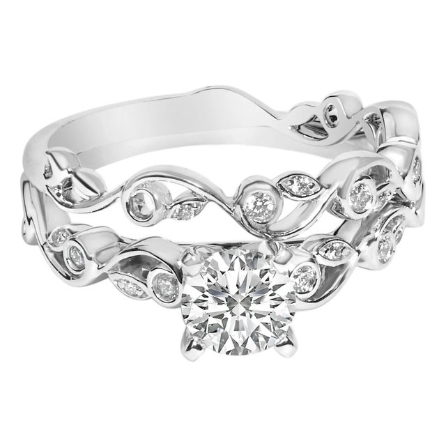 14K White Gold Lab Grown Diamond 1.0 Cttw Vintage Style Engagement Ring and Band Set - Ring - Size 7 For Sale