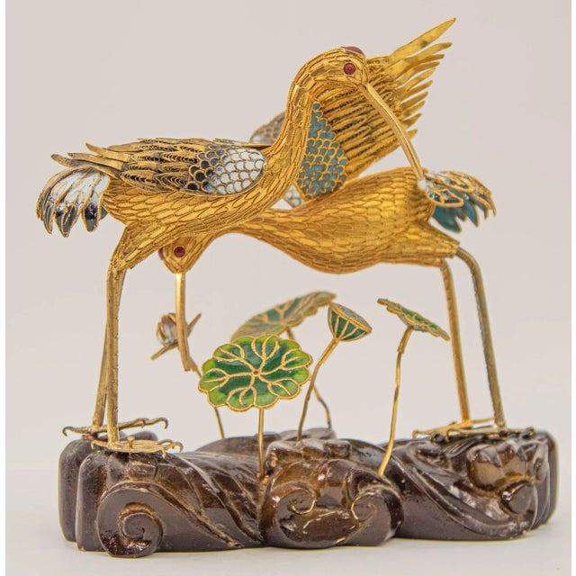 Chinese Vintage Chinese Metal Gilt Filigree and Enamel Cranes Figures on Wooden Stand For Sale - Image 3 of 12