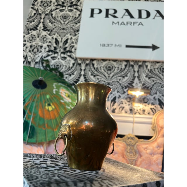 Small Brass Vase With Lion Head Details For Sale - Image 4 of 5