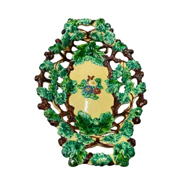 Vintage Majolica Oak Leaf and Acorn Reticulated Footed Centerpiece Bowl For Sale - Image 4 of 12